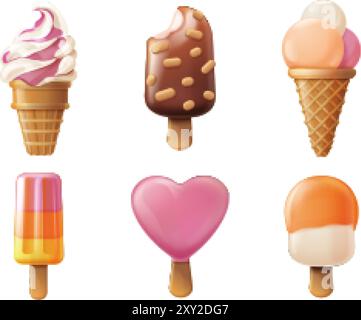 3D-Eis. Weiches Eis Waffel Kegel Popsicle Swirl Twist eskimo Herz auf Stick Obst Lutscher Rendering, Sommerzeit gefrorene Süßigkeiten Dessert, realistische exakte Vektor Illustration Original Kunstwerk Stock Vektor