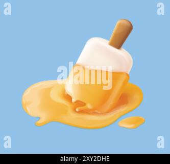 3D geschmolzenes Eis. Upside Popsicle schmelzende gefrorene Milch Flüssigkeit auf dem Boden, Schmelze Eis Tropfen Sommer Zeit Geschmack süße Lebensmittel, Ad Konzept realistisch Rendern exakte Vektor Illustration Original Kunstwerk Stock Vektor