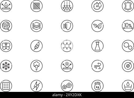 Die Kollektion „Fabric Features Icons“ ist eine Vektorillustration mit bearbeitbarer Kontur. Stock Vektor