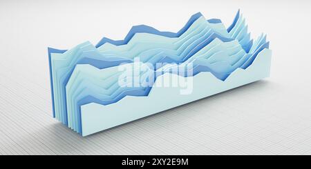 Finanzzahlen oder Börsenabstrakt. Mehrere Ebenen von Diagrammen (Flächendiagramme) in verschiedenen Blauschattierungen über einem skalierten Papierhintergrund. Stockfoto