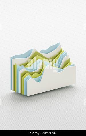 Finanzzahlen oder Börsenabstrakt. Mehrere Ebenen von Diagrammen (Flächendiagrammen) in verschiedenen Farben über einem skalierten Papierhintergrund. Stockfoto