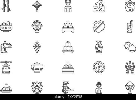 Die Hong kong Icons Kollektion ist eine Vektorillustration mit bearbeitbarem Strich. Stock Vektor