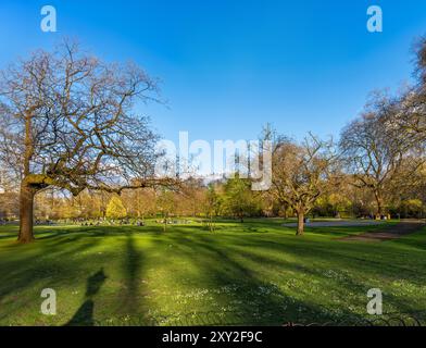Junge Studenten, Freunde und Familien ruhen sich aus, haben Spaß und lesen, sitzen und liegen am Abend auf dem grünen Gras des St James's Park in London Stockfoto
