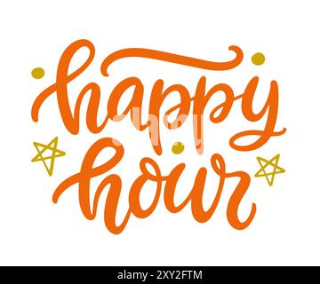 Happy Hour-Abzeichen-Schriftzug-Banner-Kalligraphie Stock Vektor