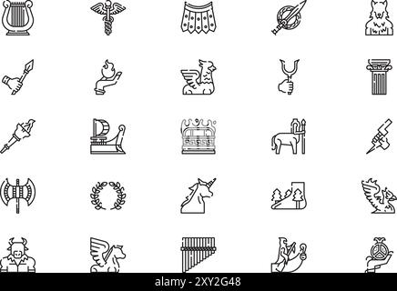 Die Sammlung griechischer Mythologie Icons ist eine Vektorillustration mit bearbeitbarem Strich. Stock Vektor
