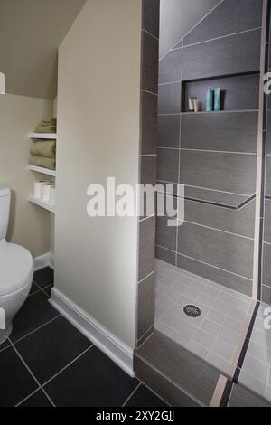 Ein Teil des Badezimmers zeigt eine Toilette und eine große begehbare Dusche Stockfoto
