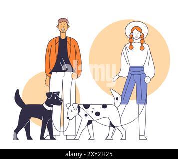 Paar Wanderhunde Mann in orange Jacke Frau im Hut mit Zöpfen zwei Hunde an Leinen minimalistischer Stil gelbe Kreise Hintergrund Stock Vektor