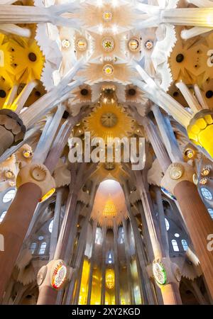 BARCELONA, SPANIEN - 21. DEZEMBER 2015 - Inneres der Sagrada Familia, der gotischen Kathedrale von Antonio Gaudi Stockfoto