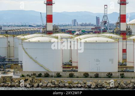 Viele große runde weiße Reservoirs für chemische Produkte im Hafenindustriebereich, Terminal für chemische Produkte Stockfoto