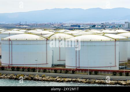 Viele große runde weiße Reservoirs für chemische Produkte im Hafenindustriebereich, Terminal für chemische Produkte Stockfoto