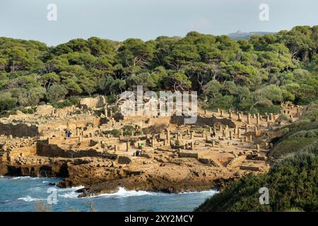 Weitwinkelpanorama der Ruinen des römischen Archäologischen Parks von Tipaza, Tipasa, Algerien. Stockfoto