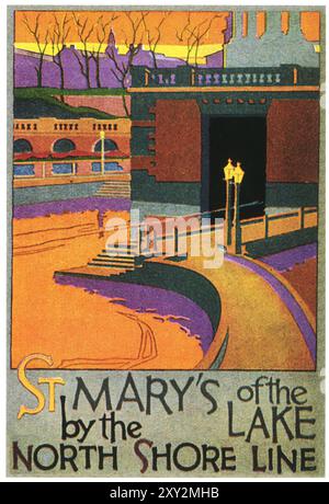 1925 North Shore Rail Line Ad - St Mary of the Lake by the North Shore Line Lithograph von Willard Frederic Elmes Stockfoto