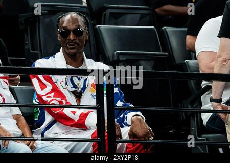 FRA, Paris, Olympische Spiele Paris 2024, Bercy Arena, 28. Juli 2024, olympische Gymnastikspiele - Frauen, Apparate, Qualifikation Snoop Dog (Singer) Credit: HMB Media/Steffie Wunderl/Alamy Archival Stockfoto