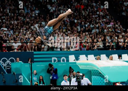 FRA, Paris, Olympische Spiele Paris 2024, Bercy Arena, 28. Juli 2024, olympische Gymnastikspiele - Frauen, Apparate, Qualifikation Simone Biles (USA, Nummer 391) Credit: HMB Media/Steffie Wunderl/Alamy Archival Stockfoto