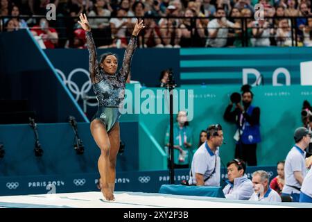 FRA, Paris, Olympische Spiele Paris 2024, Bercy Arena, 28. Juli 2024, olympische Gymnastikspiele - Frauen, Apparate, Qualifikation Simone Biles (USA, Nummer 391) Credit: HMB Media/Steffie Wunderl/Alamy Archival Stockfoto