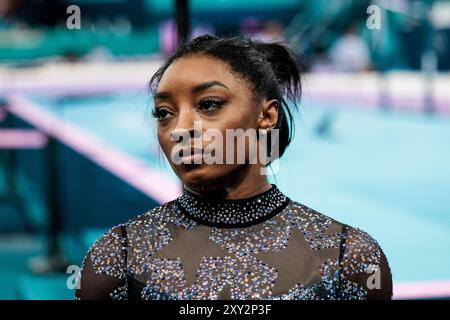 FRA, Paris, Olympische Spiele Paris 2024, Bercy Arena, 28. Juli 2024, olympische Gymnastikspiele - Frauen, Apparate, Qualifikation Simone Biles (USA, Nummer 391) Credit: HMB Media/Steffie Wunderl/Alamy Archival Stockfoto