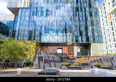 Grünflächen an um Gebäude, hier an der Hogeschool Inholland Rotterdam, Pflanzenbeete an Durchgängen, begrünte Wände und Dächer, Rotterdam, Niederlande Grünflächen Innnestadt *** Grünflächen um Gebäude, hier an der Hogeschool Inholland Rotterdam, Pflanzbeete an Durchgängen, Grünwände und Dächer, Rotterdam, Niederlande Grünflächen in der Innenstadt Stockfoto