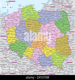 Politische Karte Polens mit Hauptstadt, Städten, Städten, nationalen Grenzen, Flüssen und Seen. Kennzeichnung Stock Vektor