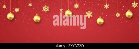 Weihnachtsdekoration. Festliche 3D-Elemente auf rotem Hintergrund. Helle Girlande mit glühenden Schneeflocken. Weihnachtsgrenze mit Weihnachtskugeln. Neujahrsverbot Stock Vektor