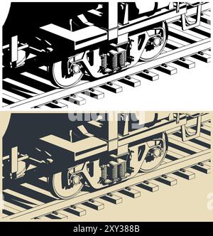 Stilisierte Vektor-Illustrationen eines Eisenbahnwaggons-Frachtdrehgestells aus der Nähe Stock Vektor