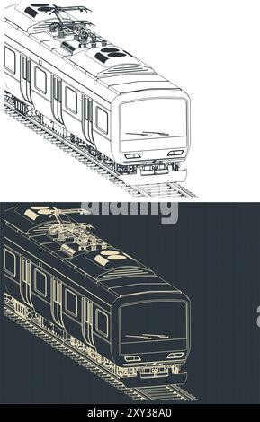 Stilisierte Vektor-Illustration isometrischer Baupläne eines Stadtzuges in Nahaufnahme Stock Vektor