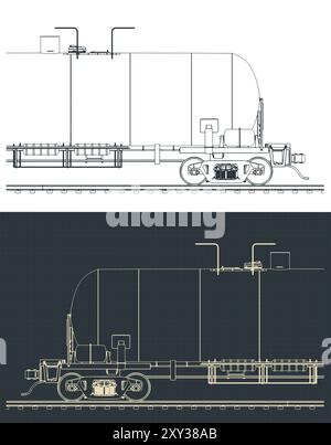 Stilisierte Vektorillustrationen von Bauplänen einer Eisenbahnkesselwagen-Nahaufnahme Stock Vektor