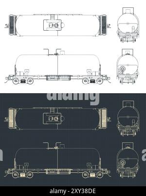 Stilisierte Vektorillustrationen von Bauplänen eines Eisenbahnkesselwagens Stock Vektor