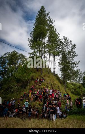 Toraja Utara, Süd-Sulawesi, Indonesien. August 2024. Die Bewohner sahen sich die Tradition der Sisemba (sich gegenseitig treten) in Panggala, North Toraja Regency, South sulawesi, Indonesien an. Am Donnerstag, 27. August 2024. Die Tradition ist ein Ausdruck der Dankbarkeit für die Kulturen und basiert auf der Überzeugung, dass die Veranstaltung sie für die bevorstehenden Arbeiten begeistern wird, um die nächsten reichlichen Ernten zu erhalten. Ohne Sisemba zu spielen, glauben die Leute von Tana Toraja, dass es zu Ernteversagen kommen wird. Die Tradition soll Verwandtschaftswerte aufrechterhalten. Teilnehmer, die gefallen sind, dürfen nicht angegriffen werden, und t Stockfoto