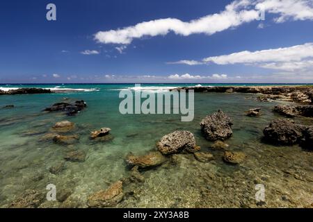 Die felsige Lavaküste der Teiche des Ka’ena Point Beach Park von Oahu mit türkisfarbenem Wasser, blauem Himmel und weißen Wolken Stockfoto