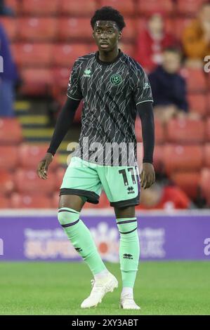 Jesuran Rak-Sakyi von Sheffield United während des Carabao Cup-Spiels Barnsley vs Sheffield United in Oakwell, Barnsley, Großbritannien, 27. August 2024 (Foto: Alfie Cosgrove/News Images) Stockfoto