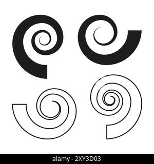 Schwarz-weiße Spiralformen. Auffällige, geschwungene Muster. Geometrische Symbole schwenken. Vektorabbildung. Stock Vektor