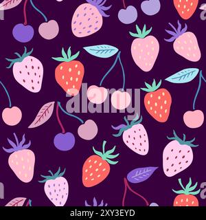 Niedliches nahtloses Muster mit einfachen Erdbeer- und Kirschelementen in zarten Pastellfarben. Vektorabbildung. Stock Vektor