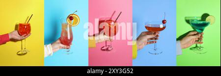 Verschiedene Cocktails in den Händen der Menschen auf verschiedenfarbigen Hintergründen, Collage Stockfoto