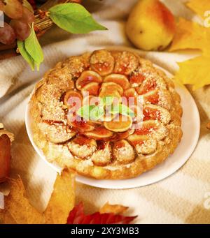 Hausgemachte Feigen Kuchen mit Nüssen und Honig auf das Picknick Stockfoto