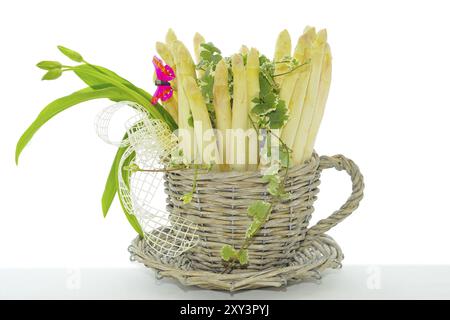 Weißer Spargel mit Knoblauch, als Dekoration Weißer Spargel mit Knoblauch, als Dekoration Stockfoto