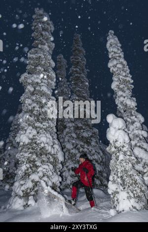 Skifahrer im Schnee in einer schneebedeckten Landschaft, Muddus Nationalpark, Welterbe Laponien, Norrbotten, Lappland, Schweden, Dezember 2012, Europa Stockfoto