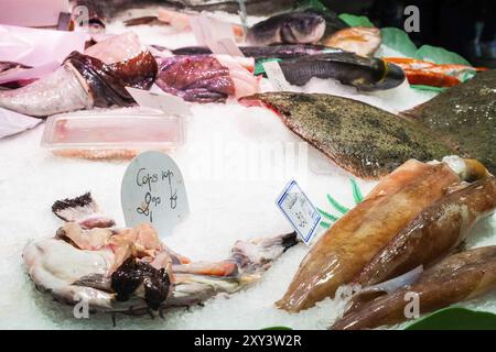 Fisch und andere Meeresfrüchte an einem Marktstand auf dem Mercat de la Boqueria, dem berühmten Markt auf den Ramblas in Barcelona, Spanien, Europa Stockfoto