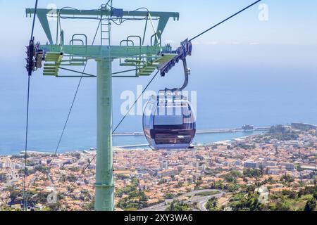 Seilbahn mit Kabinen über Stadt und Meer auf der Insel Madeira zwischen Funchal und Monte Stockfoto
