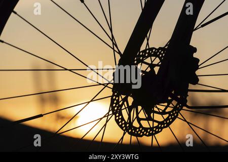 Profil eines Radrads mit Scheibenbremsen bei Sonnenuntergang Stockfoto