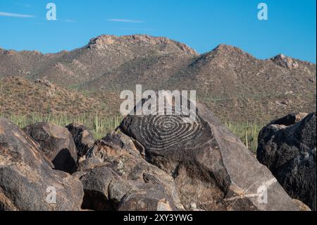 Spiralpetroglyphen, hergestellt von Hohokam-Ureinwohnern Stockfoto