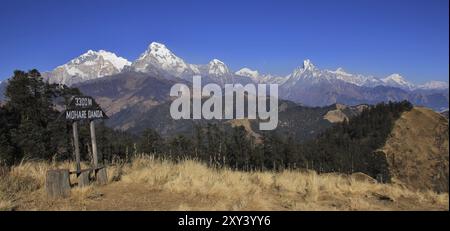 Annapurna-Gebirge von Mohare Danda aus gesehen. Reiseziel und Aussichtspunkt in Nepal Stockfoto