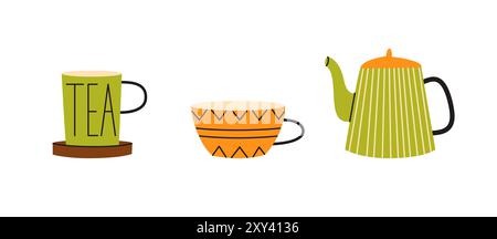 Niedliches Teeset. Teekanne und Tassen. Hand gezeichnete flache Vektor-Illustration für Herbst und Herbst. Gemütliche Kollektionen Stock Vektor