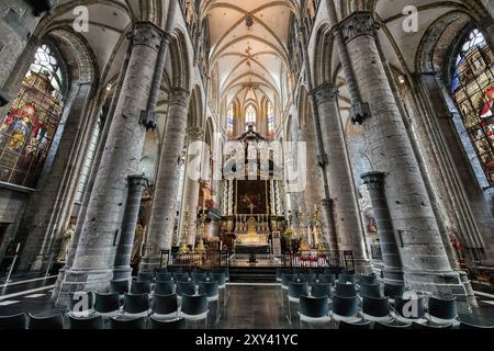 Gotische Nikolaikirche, gewölbte Decke und Säulen des Mittelschiffs, Gent, Flandern, Belgien, Europa Stockfoto