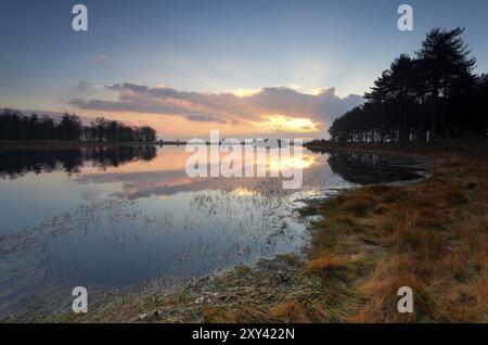 Herbstsonnenuntergang über dem wilden See, Dwingelderveld, Niederlande Stockfoto