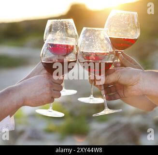 Gruppe von Freunden Toasten Rotwein bei einer Relax Party Feier sammeln Stockfoto