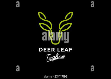 Schlichtes, minimalistisches Hirschgeweih Elchschwein mit grünem Blattpflanzenbaum, Monogramm-Logo Stock Vektor