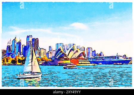 Sydney Harbour, Australien, mit Sydney Opera House, einem Segelboot, dem CBD und Queen Mary 2, die am Circular Quay ankern. Aquarell. Stockfoto