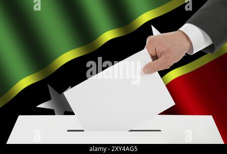 Die St.-Kitts- und Nevis-Flagge und die Hand mit der Nachricht über die Wahlurne Stockfoto