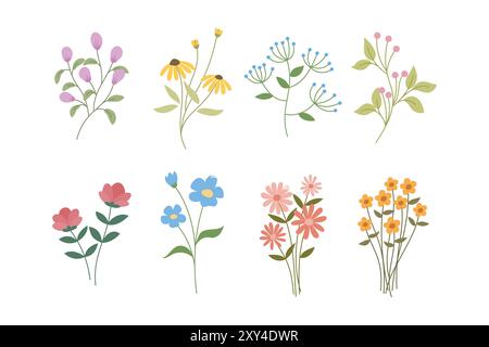Sammlung von bunten Blumen, die mit Stämmen und Blättern wachsen, perfekt, um jedem Design einen Hauch von Natur zu verleihen Stock Vektor