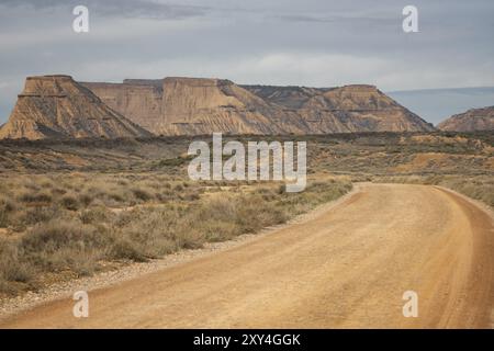 Feldweg in der Wüstenlandschaft Bardenas Reales in Navarra, Spanien, Europa Stockfoto